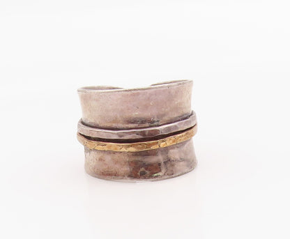 925 Sterling Silver Vintage Ring Two Tone Hammered Wide Band  Sz 6.5  RG36300