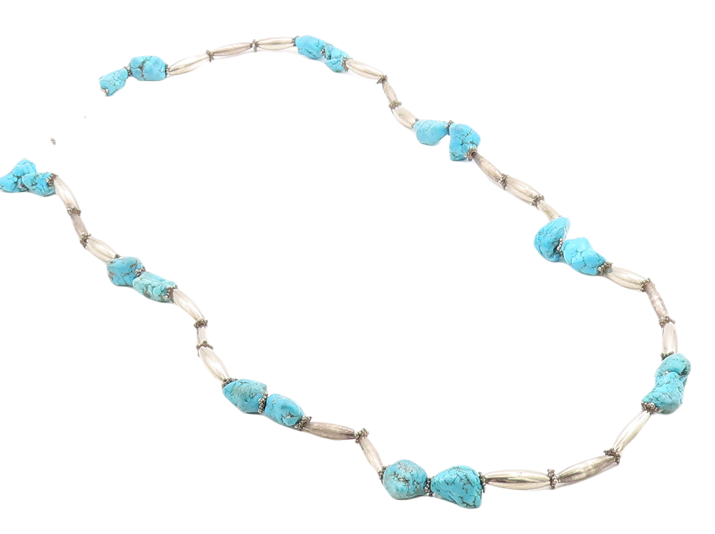 925 Sterling Silver  Vintage Rough Turquoise Barrel Bead Chain Necklace NE1040