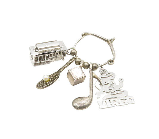 925 Sterling Silver  Vintage Petite Pearl Assorted Charms Pendant  PT13156