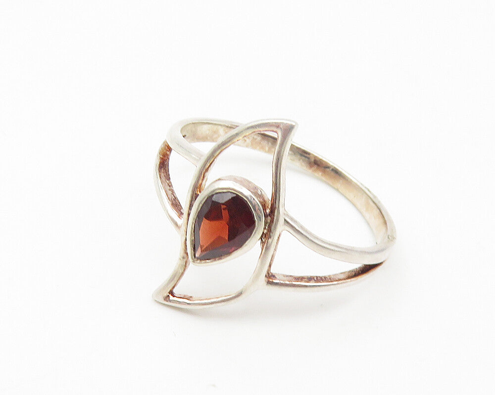 925 Sterling Silver  Tear Drop Garnet Open Design Band Ring Sz 8  RG10749