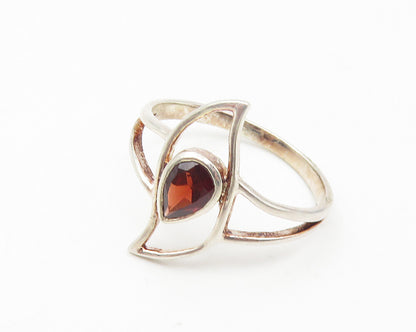 925 Sterling Silver  Tear Drop Garnet Open Design Band Ring Sz 8  RG10749