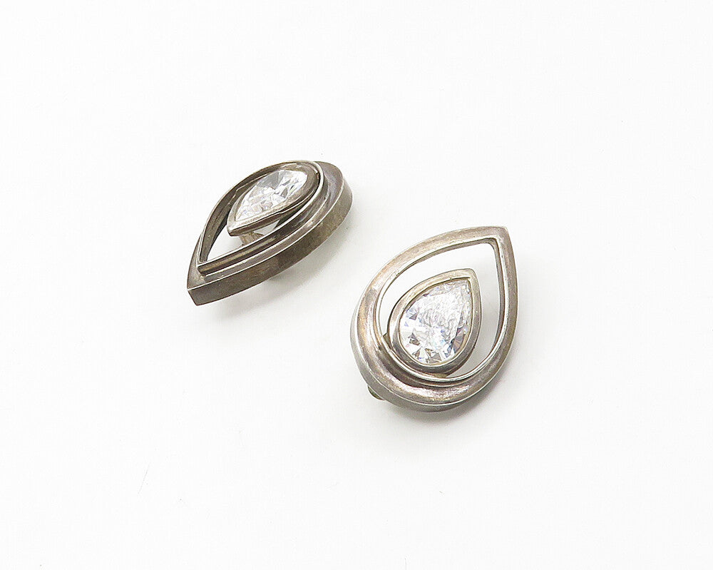 925 Sterling Silver Vintage Tear Drop Cubic Zirconia Non Pierce Earrings  EG8853