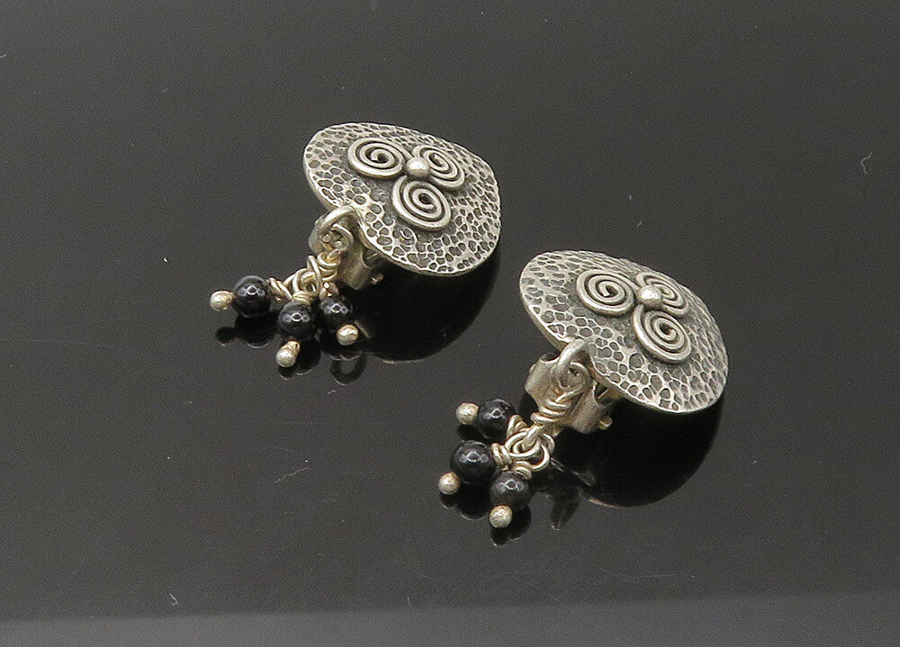 925 Silver   Vintage Black Onyx Love Heart Non Pierce Drop Earrings  EG10985