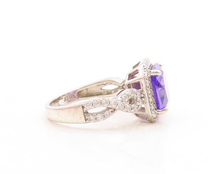 925 Sterling Silver Vintage Ring Square Cut Purple Halo White CZ  Sz 8  RG31496