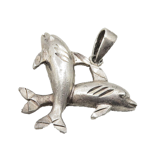 925 Sterling Silver  Vintage Diamond Cut Detail Dolphins Pendant  PT14790