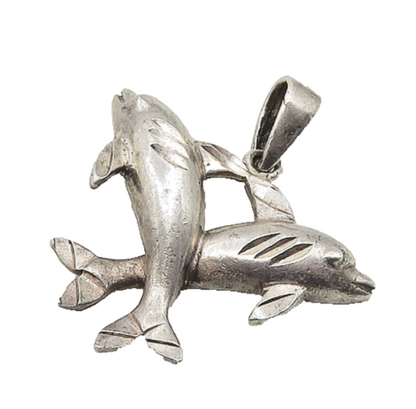 925 Sterling Silver  Vintage Diamond Cut Detail Dolphins Pendant  PT14790