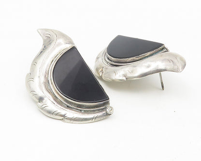 925 Sterling Silver  Vintage Black Onyx Etched Detail Drop Earrings  EG5553