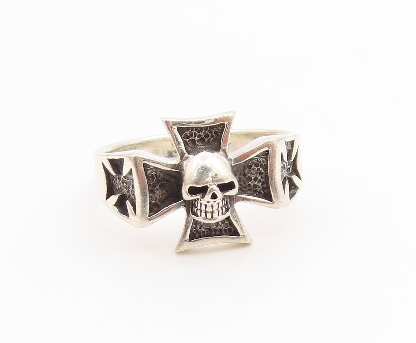 925 Sterling Silver Vintage Ring Gothic Skull Maltese Cross Band  Sz 15  RG35837