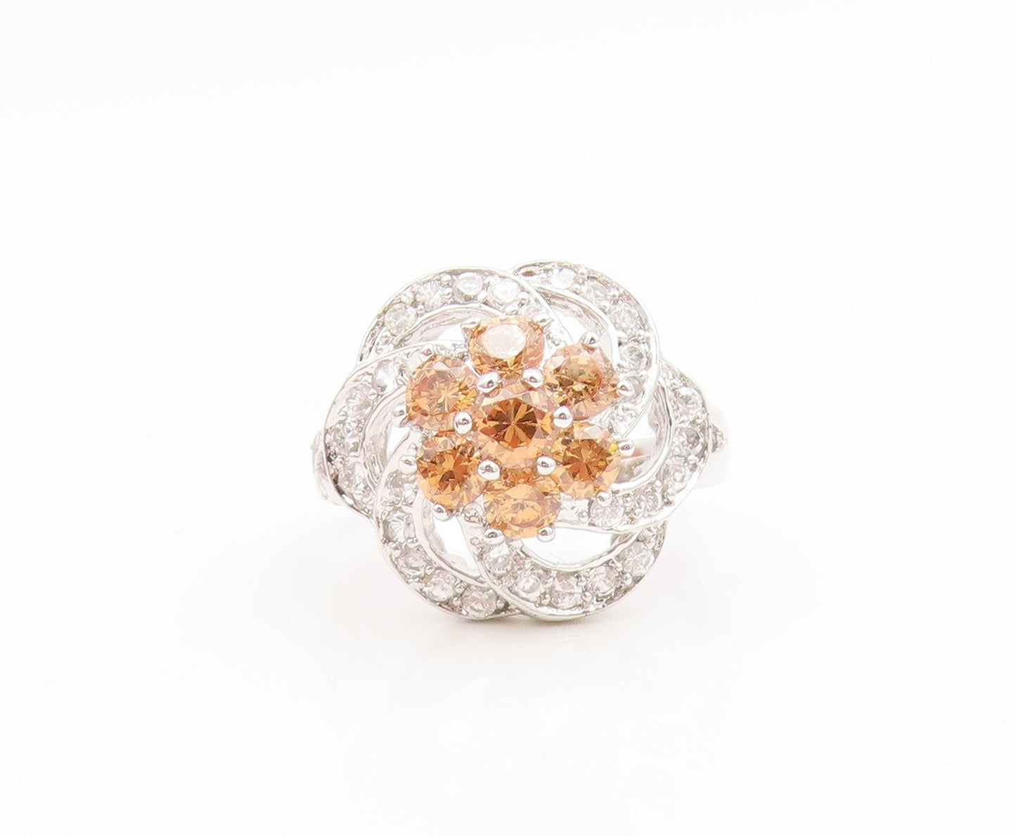925 Sterling Silver Vintage Ring Citrine & White Topaz Floral Band Sz 7 RG35069