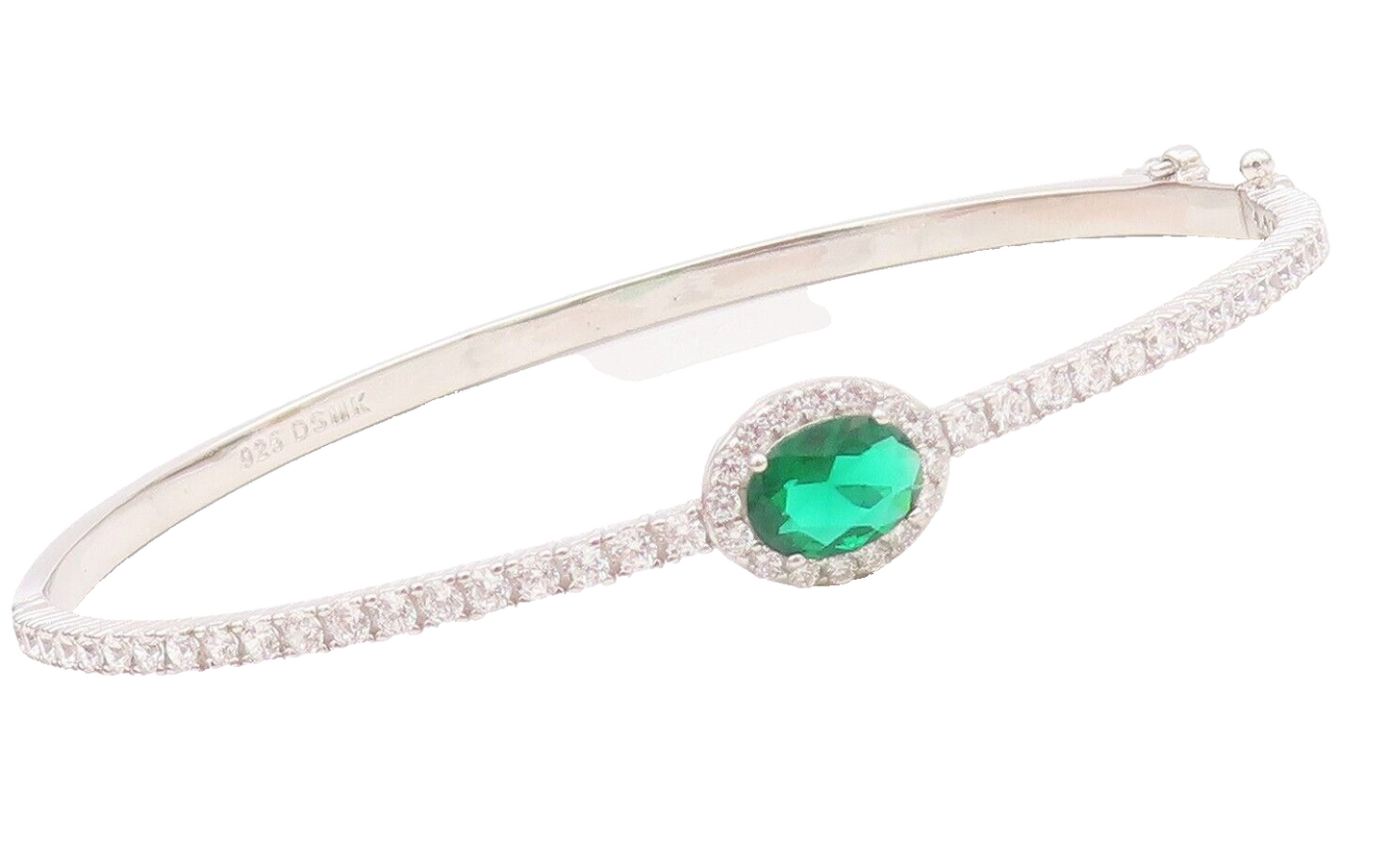 925 Sterling Silver Vintage Bracelet Oval Green Halo White CZ Bangle  BT10709