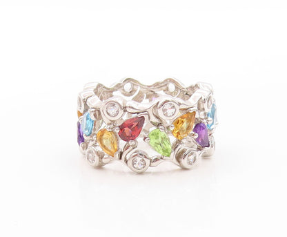 925 Sterling Silver Vintage Ring Brutalist Drop & Round Gemstones Sz 7.5 RG32680