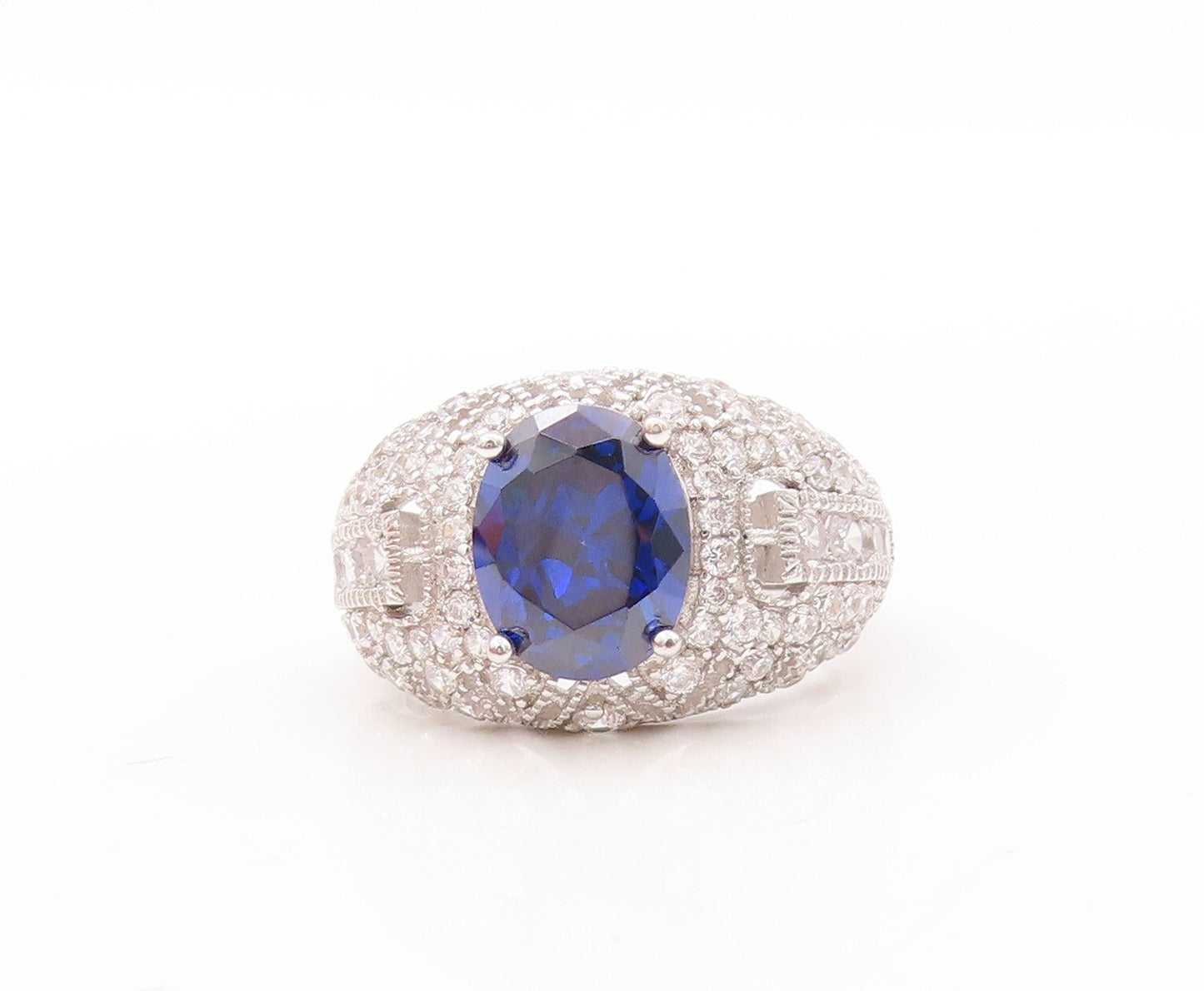 925 Sterling Silver Vintage Ring Designer Cutout Sapphire & CZ   Sz 7.5  RG30915