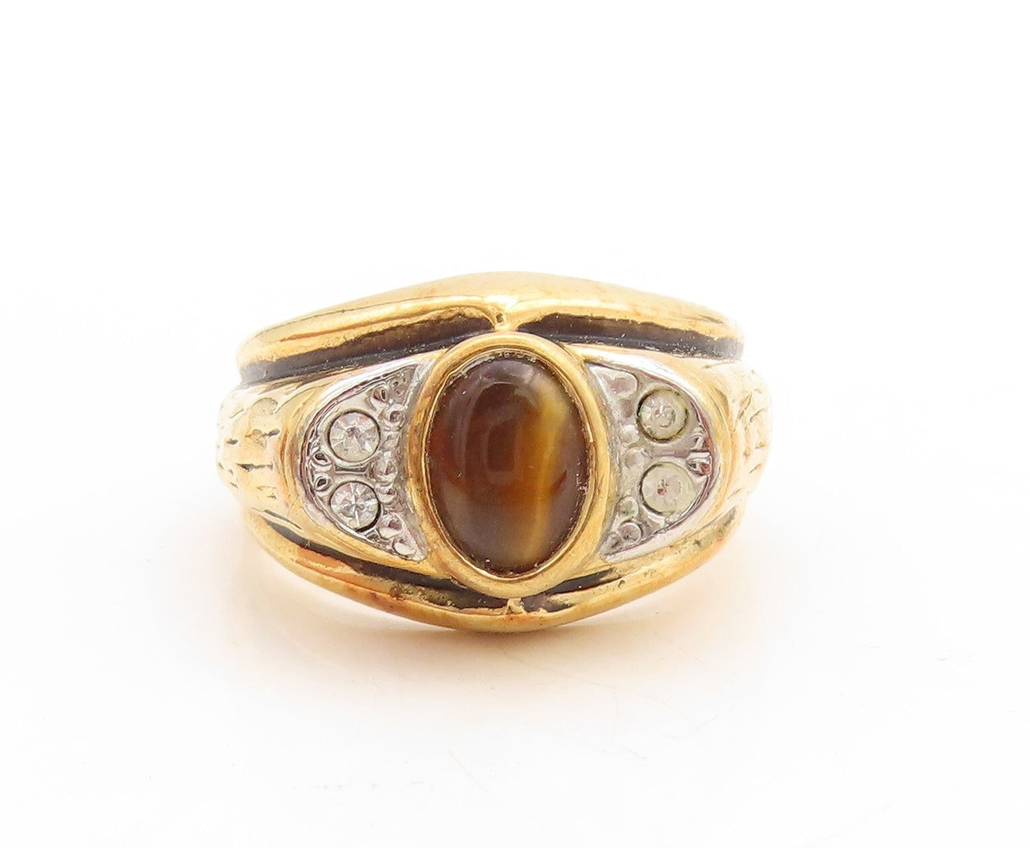 925 Sterling Silver Vintage Ring UNCAS Gold Plated Tigers Eye & CZ Sz 10 RG31164