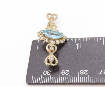 925 Sterling Silver Vintage Brooch Marquise Cut Blue Topaz & Halo CZ Pin BP11944