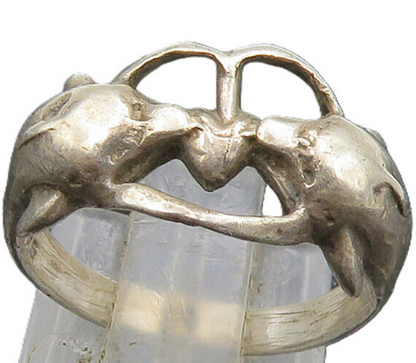 925 Sterling Silver  Vintage Double Dolphin Love Heart Band Ring Sz 6  RG22790