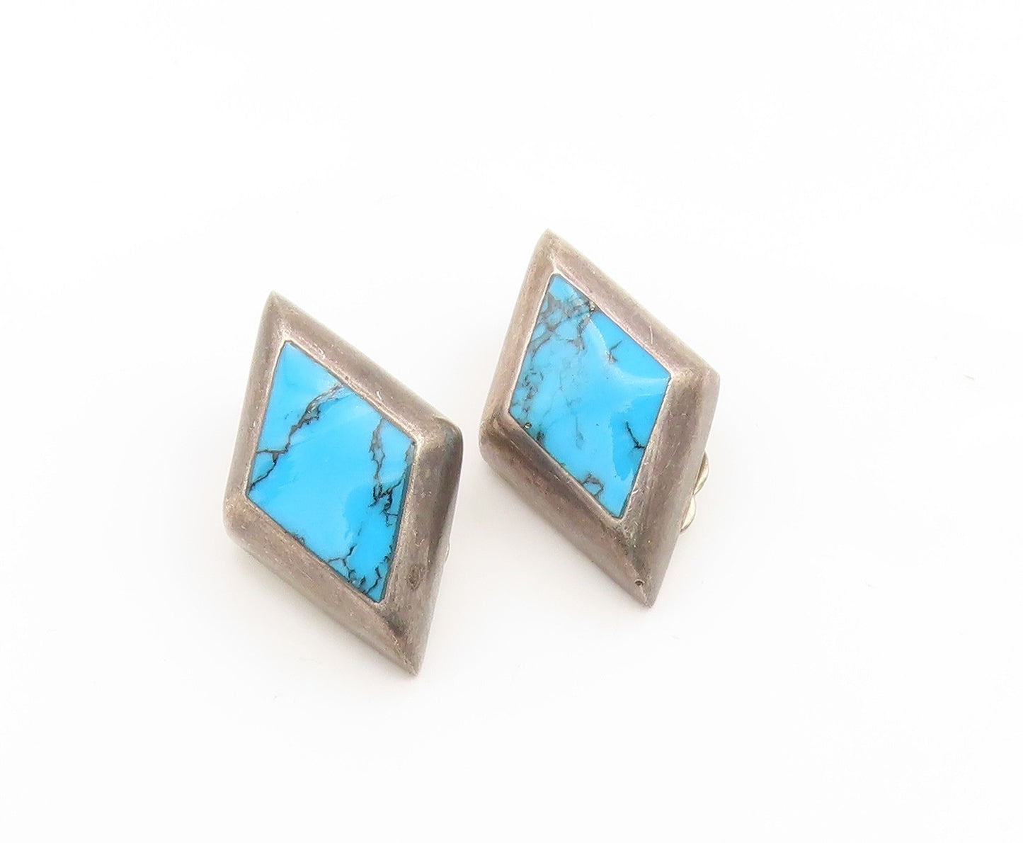 925 Sterling Silver Vintage Earrings MEXICO Turquoise Geometric Clip On  EG14202