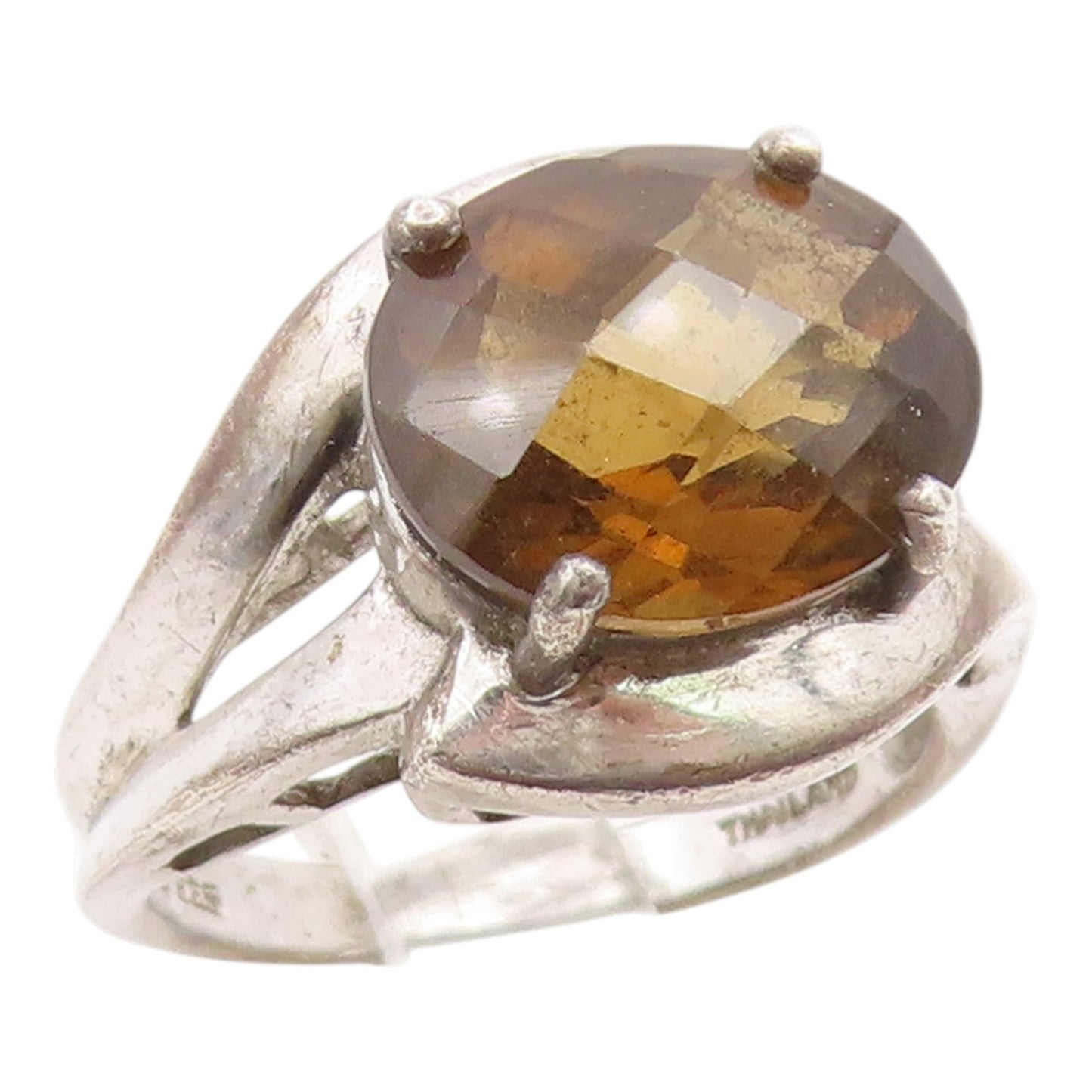 925 Sterling Silver Vintage Ring Modernist Smoky Quartz Band  Sz 7.5  RG36252