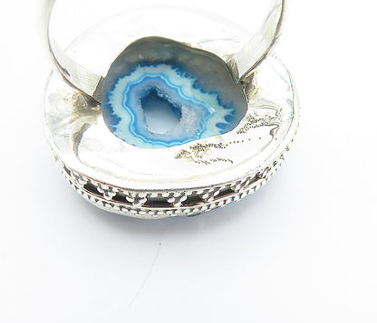 925 Sterling Silver  Blue Agate Patterned Border Cocktail Ring Sz 10.5  RG8175