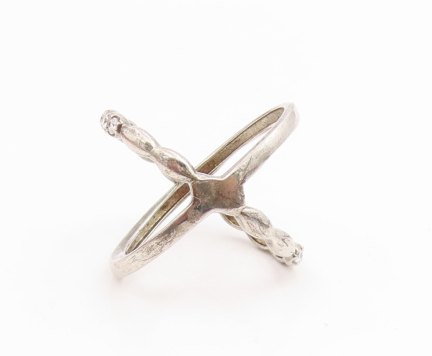 925 Sterling Silver Vintage Ring Modernist CZ Criss Cross Band  Sz 7  RG34878