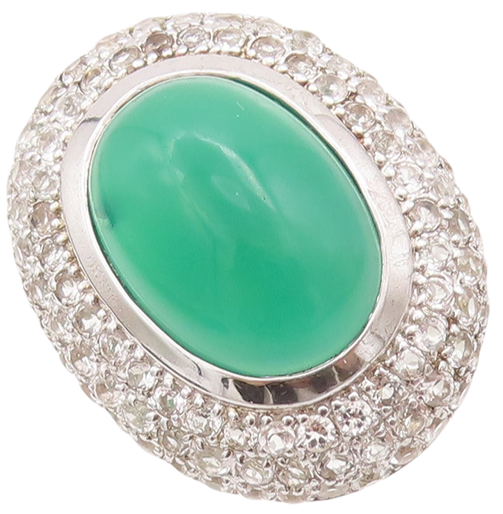 925 Sterling Silver Vintage Ring Oval Cabochon Green Onyx & Topaz  Sz 8  RG29297