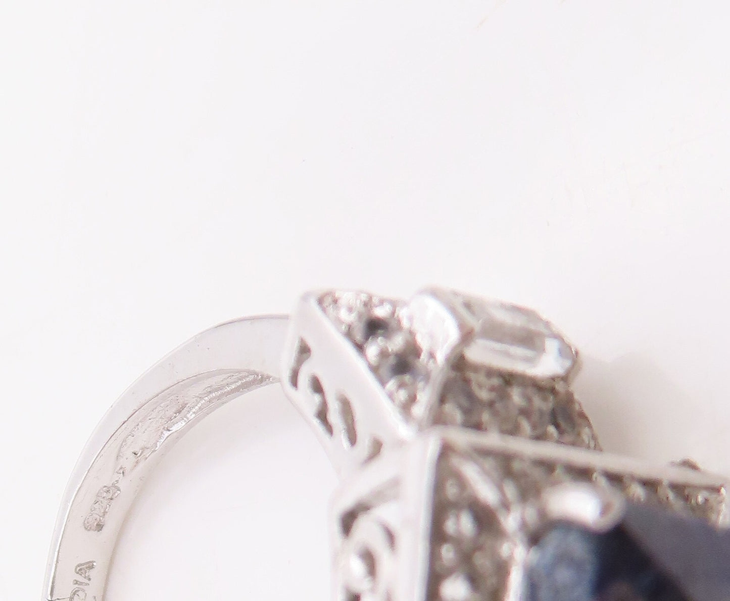 925 Sterling Silver Vintage Ring Rectangle Gemstone & CZ Inlay  Sz 6.5  RG30711