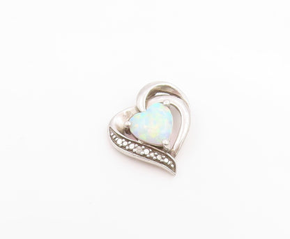925 Sterling Silver Vintage Pendant Real Diamonds & Fire Opal Love Heart PT26100