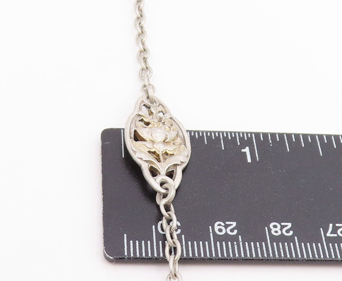 925 Sterling Silver Vintage Necklace Antique Floral Leaf Motif Long Chain NE4795