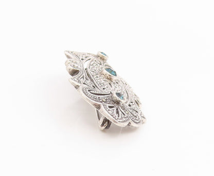 925 Sterling Silver Vintage Brooch Blue Topaz Intricate Openwork Pin  BP12416