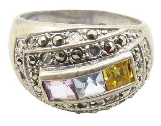 925 Sterling Silver  Vintage Topaz Amethyst & Marcasite Band Ring Sz 9 RG11876