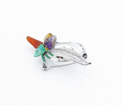 JAPAN 925 Silver  Tiger's Eye Amethyst Agate & Carnelian Brooch Pin  BP1186