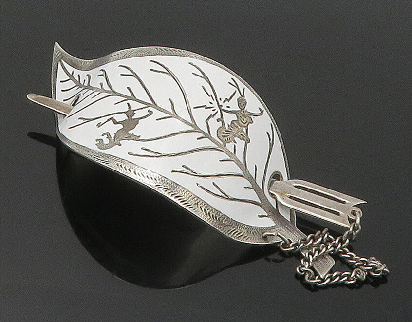 SIAM 925 Sterling Silver  Vintage White Enamel Floral Leaf Chained Pin  TR2305