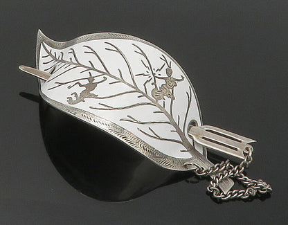 SIAM 925 Sterling Silver  Vintage White Enamel Floral Leaf Chained Pin  TR2305