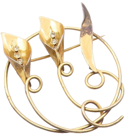 925 Sterling Silver  Vintage Topaz Gold Plated Lily Flowers Brooch Pin  BP6520