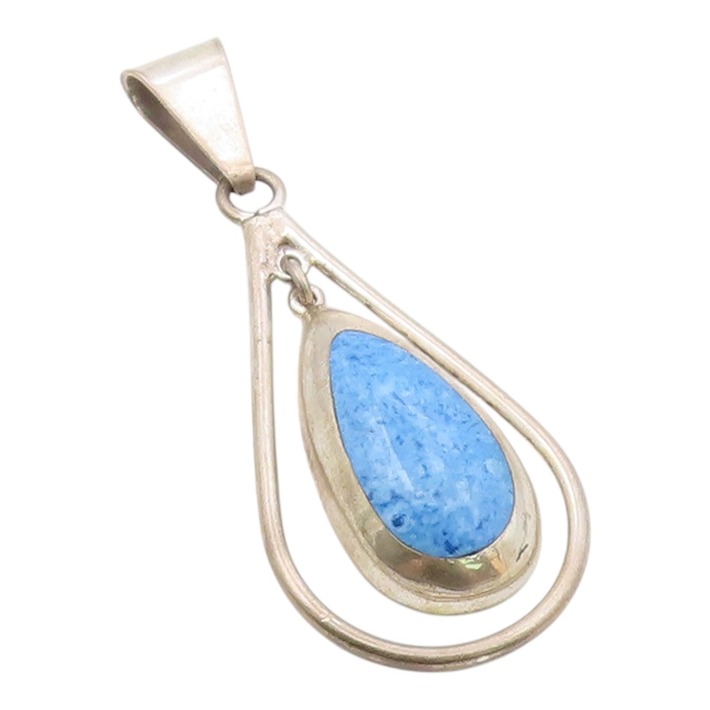 MEXICO 925 Sterling Silver  Vintage Blue Turquoise Tear Drop Pendant  PT7757