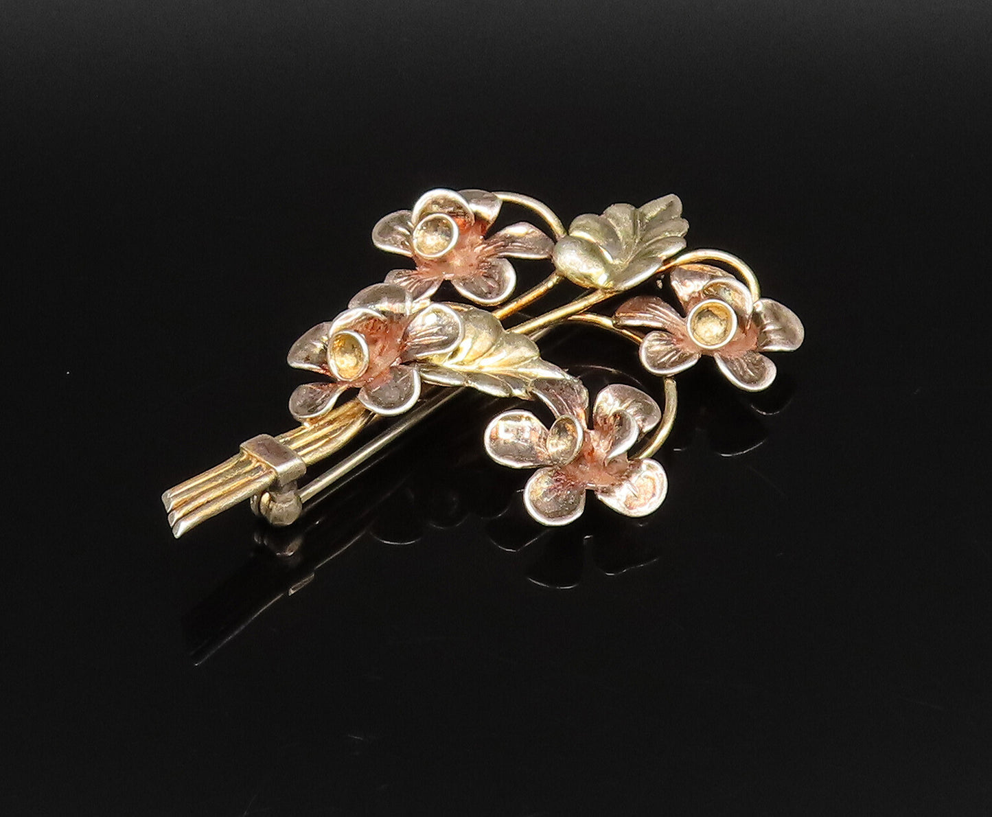 925 Silver  Vintage Gold Plated Bouquet Of Stem Flowers Brooch Pin  BP9961