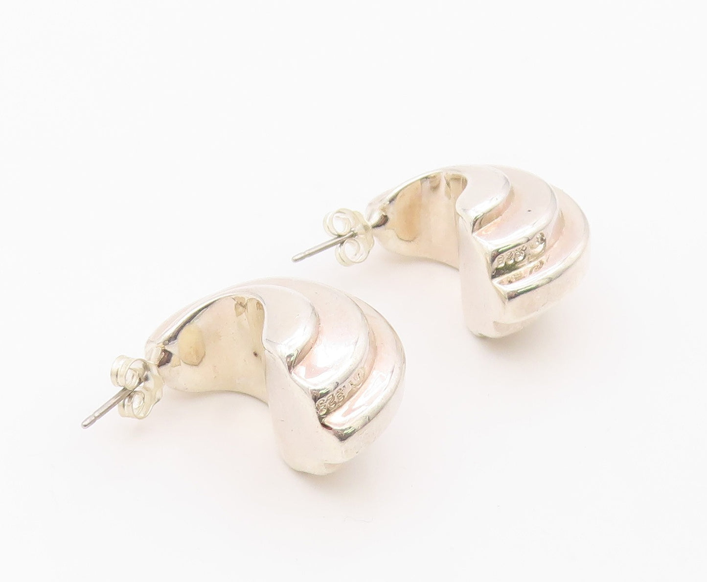 925 Sterling Silver Vintage Earrings AIRESS Ribbed Croissant Hoops  EG14398