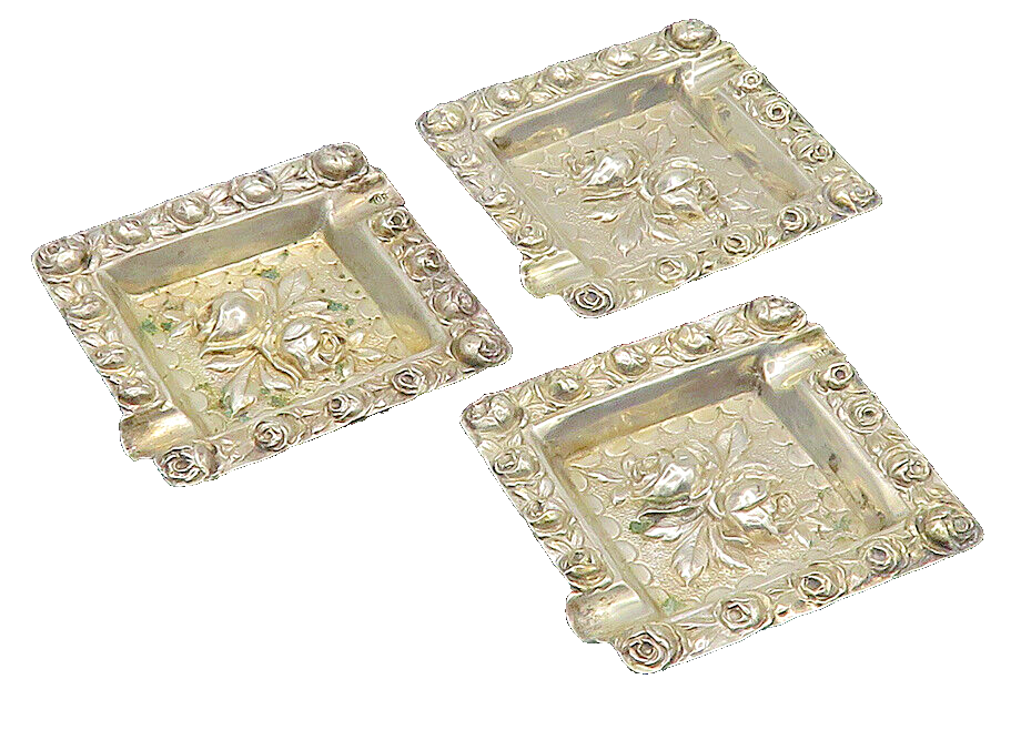 925 Sterling Silver  Vintage Shiny 3 Piece Floral Ash Tray Set  TR2851