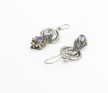 925 Sterling Silver  Vintage Amethyst Spiral Snake Motif Drop Earrings  EG3350