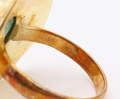 925 Sterling Silver Vintage Ring Gold Plated Swirly Carved Gemstone Sz 9 RG29922