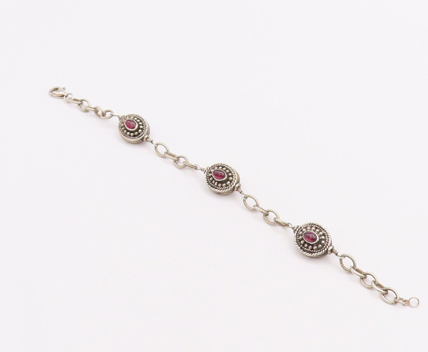 925 Sterling Silver Vintage Bracelet Beaded & Roped Oval Garnet  BT10631