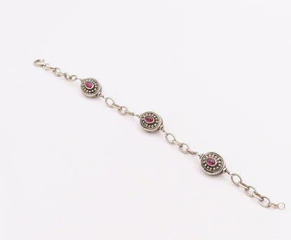 925 Sterling Silver Vintage Bracelet Beaded & Roped Oval Garnet  BT10631