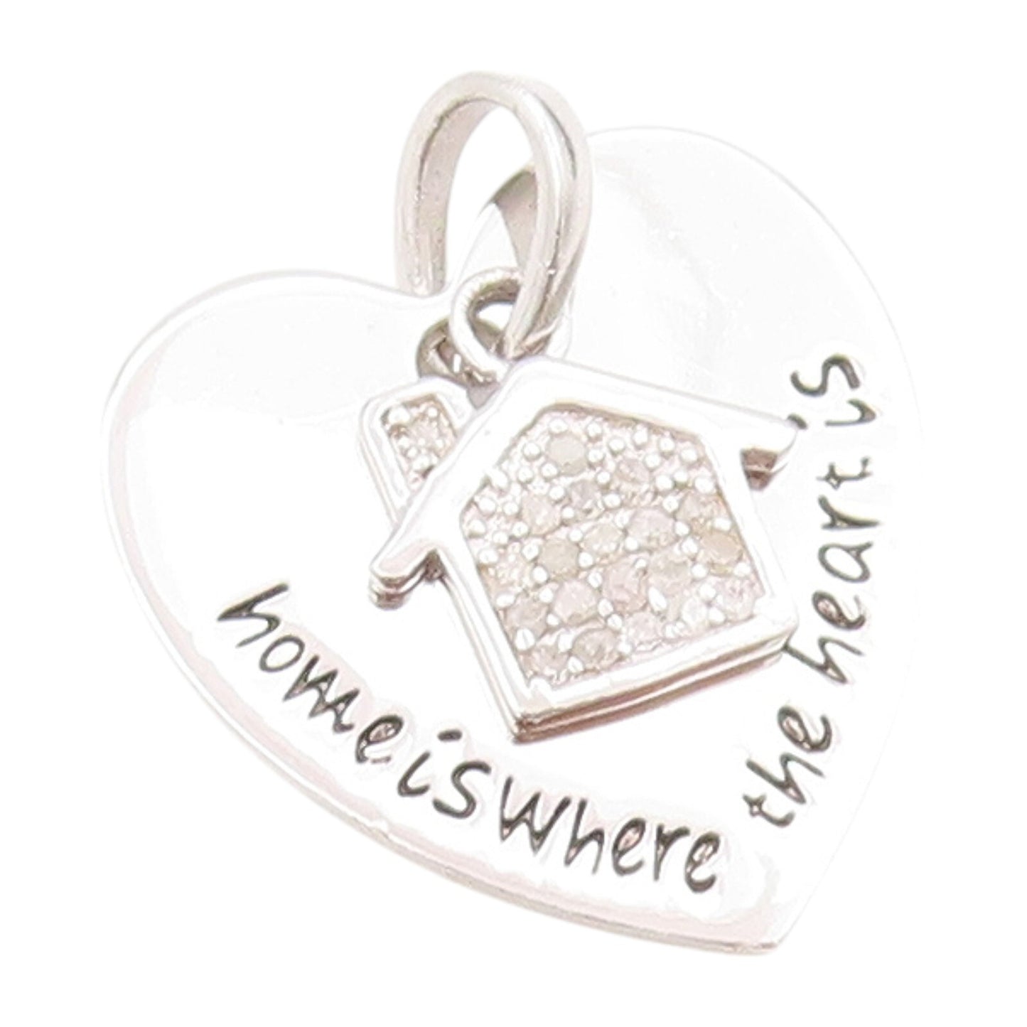 925 Sterling Silver Vintage Pendant Diamonds Inlay Home Carved Heart  PT23902