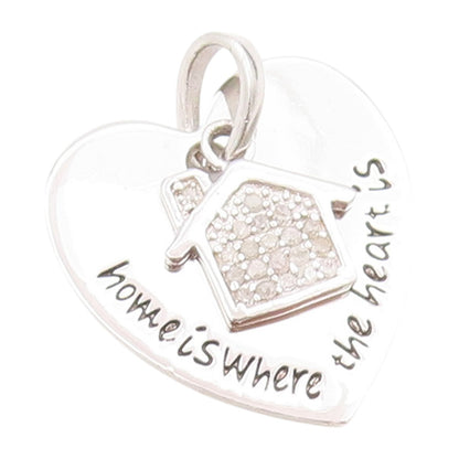 925 Sterling Silver Vintage Pendant Diamonds Inlay Home Carved Heart  PT23902