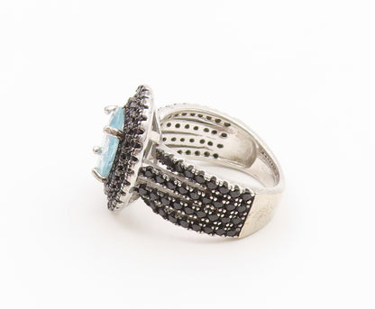 925 Sterling Silver Vintage Ring Aquamarine & Spinel Statement Band Sz 4 RG36911