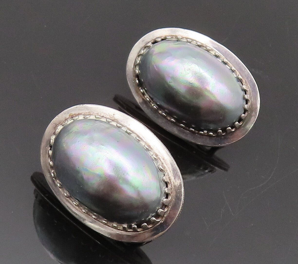 POLAND 925 Sterling Silver  Vintage Solid Large Oval Pearl Earrings  EG12778