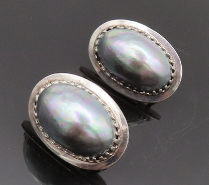 POLAND 925 Sterling Silver  Vintage Solid Large Oval Pearl Earrings  EG12778