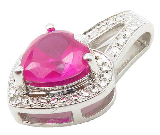 925 Sterling Silver  Pink Topaz & Genuine Diamonds Love Heart Pendant  PT12942