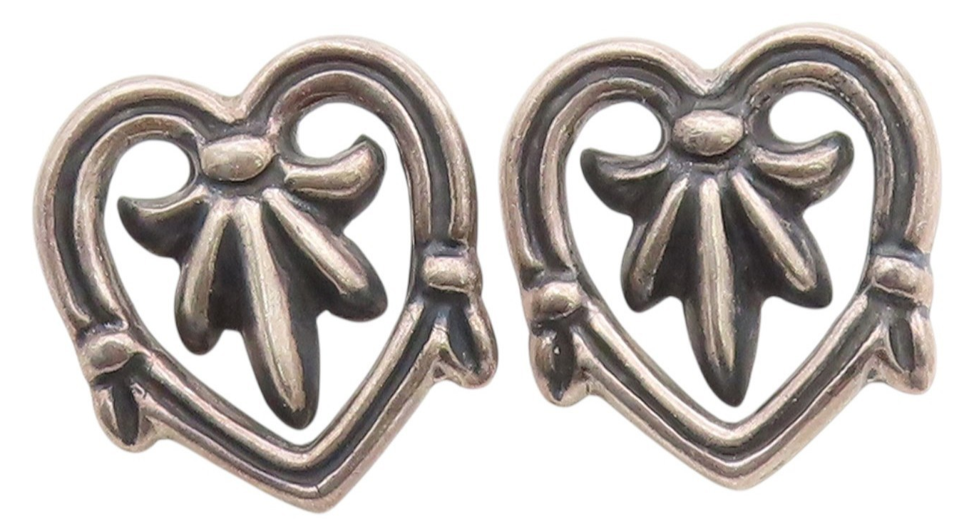 925 Sterling Silver Vintage Earrings MMA Dark Tone Floral Heart Studs  EG13668