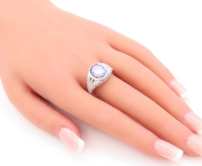 925 Sterling Silver Vintage Ring Carved Round Cut Blue & White CZ  Sz 7  RG29595