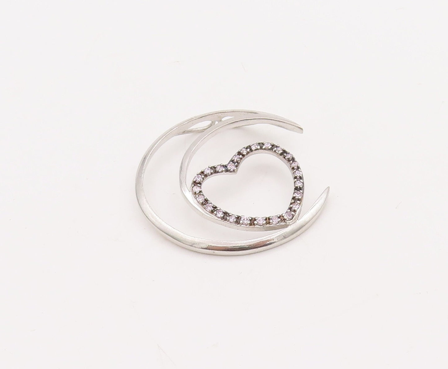925 Sterling Silver Vintage Pendant Cutout Half Moon & Pink Topaz Heart  PT23393
